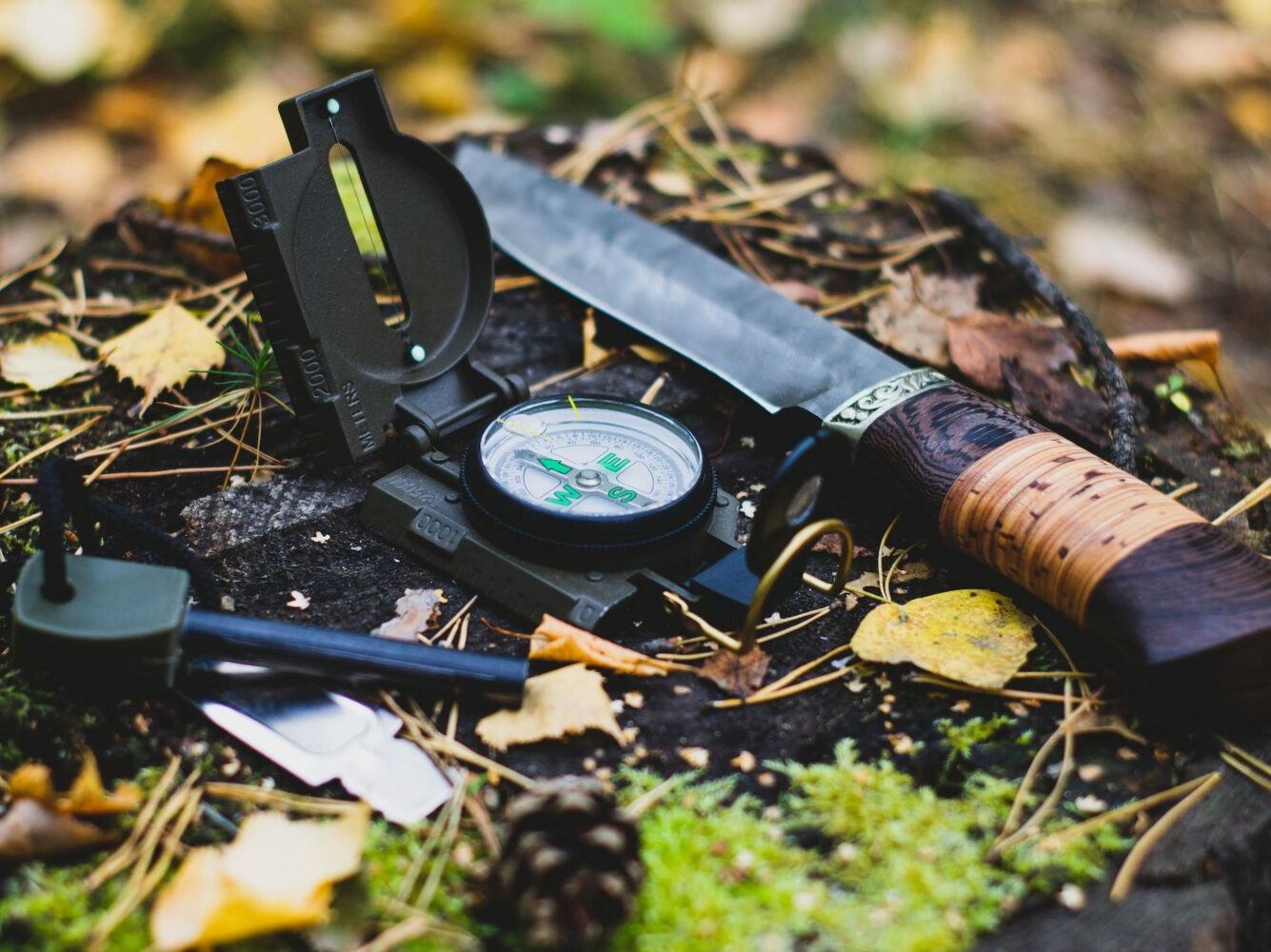 Verschiedenes Werkzeug für das Trekking liegen auf dem Waldboden